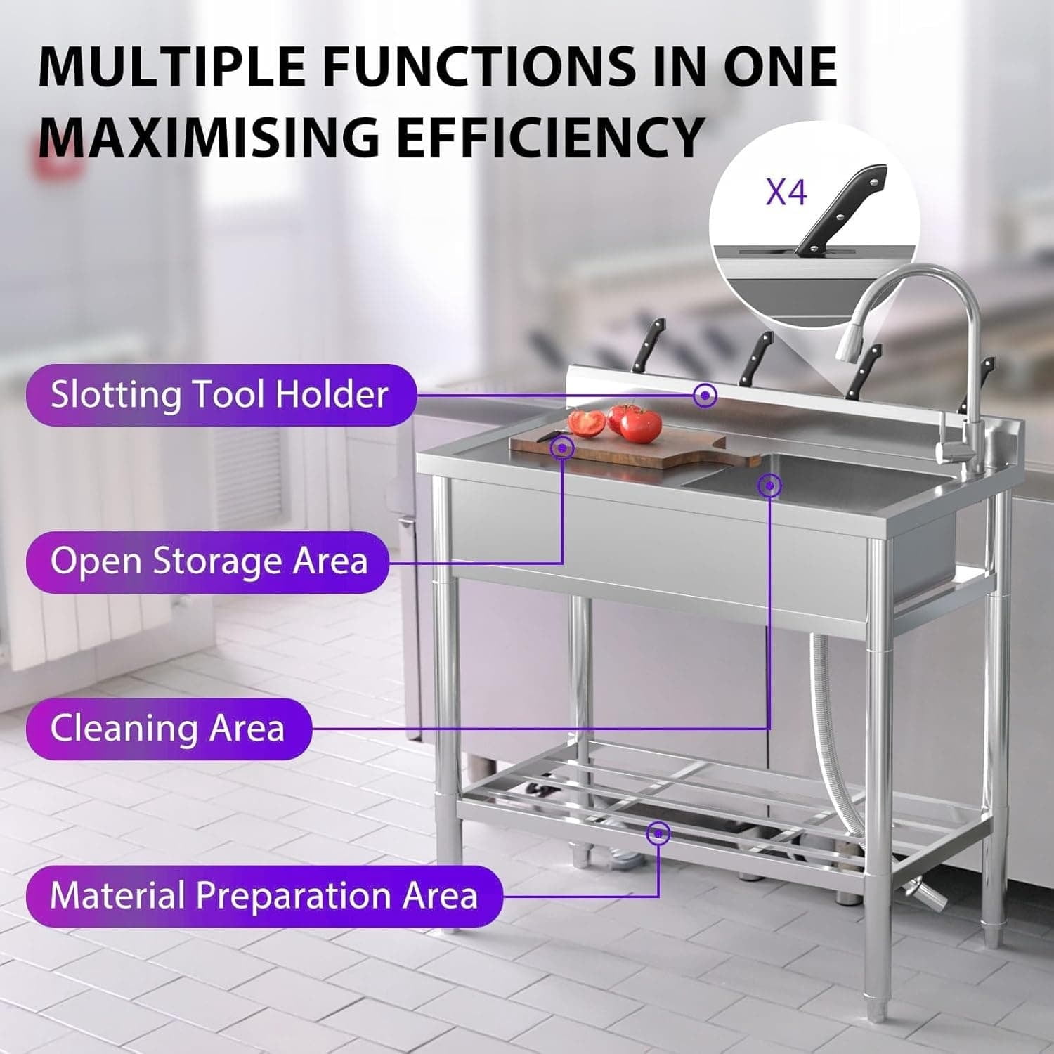 EastVita Stainless Steel Utility Sink Free Standing Single Bowl Sink with Cold and Hot Water Pipe Commercial Kitchen Utility Sinks for a Laundry Room Bathroom Kitchen Indoor Outdoor