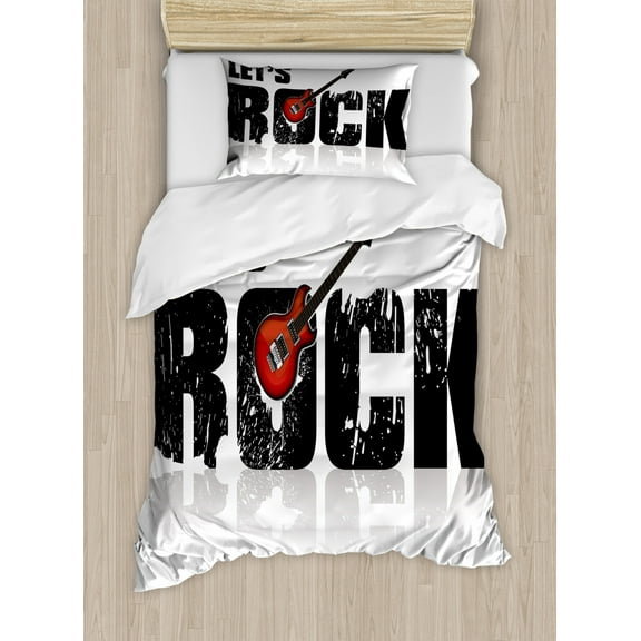Guitar Duvet Cover Set Twin Size, Let's Rock Text with Grunge Looking Color Splashed Letters Music Fun Concert, Decorative 2 Piece Bedding Set with 1 Pillow Sham, Ruby Black White, by Ambesonne