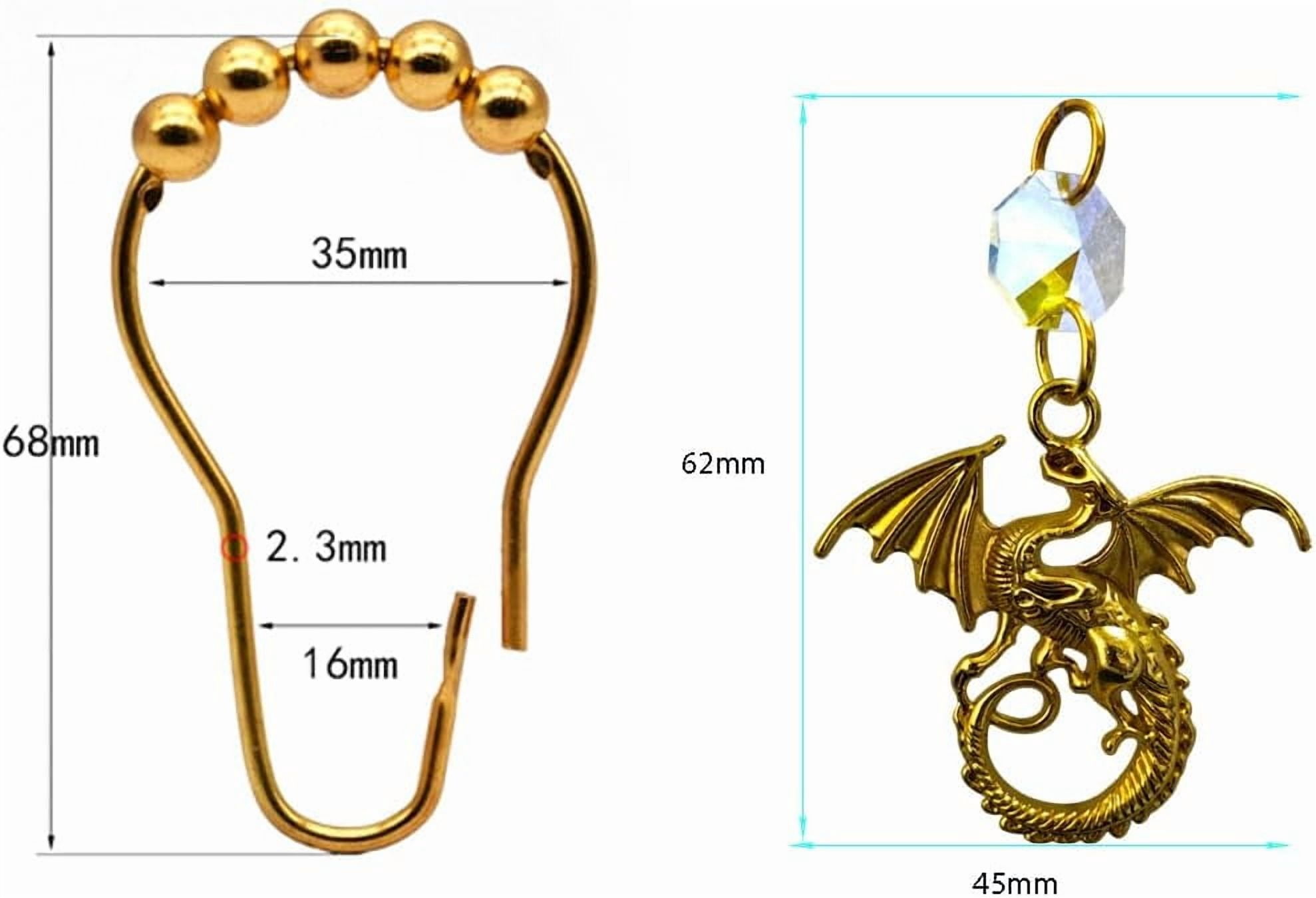 Dragon Shower Curtain Hooks for Bathroom, Rustproof Metal Gold Shower Curtain Rings Set of 12 with Fantastic Animal Dragons Gothic Medieval Fantasy Theme Bathroom Decor (Gold)