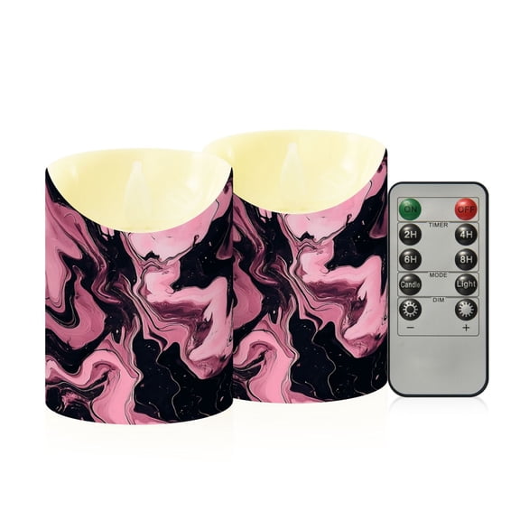 2 PCS Tilted Flameless Candles Flickering LED Lights Battery Operated Candles with Remote Timers for Holiday Decor Pink and Black Marble Pattern