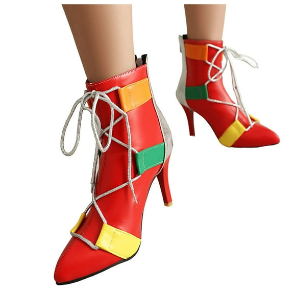 Stiletto High Heel Ankle Boots for Women Pointed Toe Lace Up Fashion Leather Splicing Dress Booties