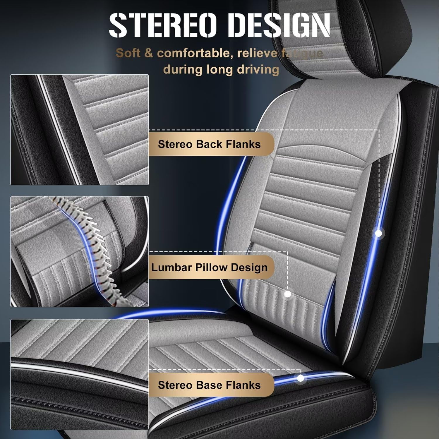 DIKSOAKR 2 Front Car Seat Cover Fit for Ford F-150 2009-2025: Faux Leather Seat Cushion with Lumbar Support Waterproof Seat Protector Compatible Airbag (Black&Gray)-First Row 2 Seats