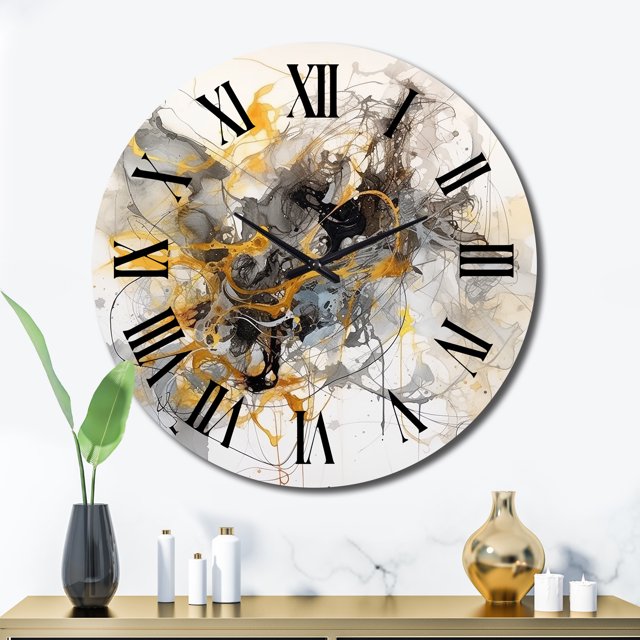 Designart "Marble Symphony in Yellow and Grey I" Abstract Oversized Wall Clock