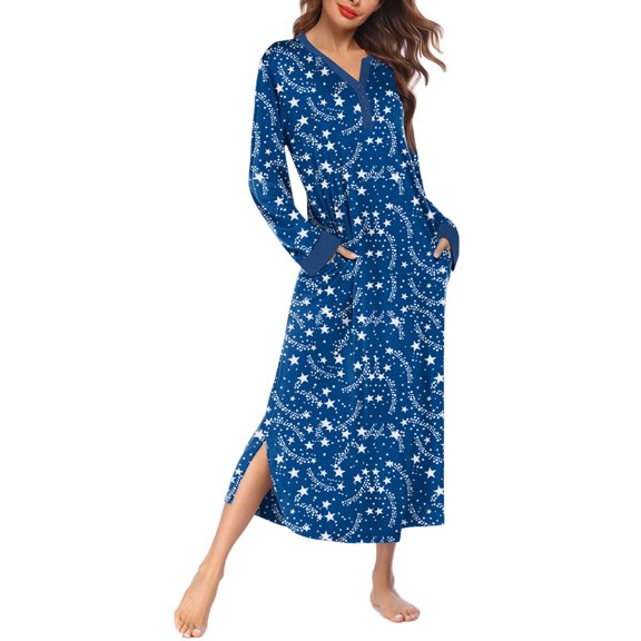 KISSGAL Women Long Nightgown V Nek Nightshirt Sleepwear Full Length Sleepshirt with Pockets Long Sleeve Sleep Dress