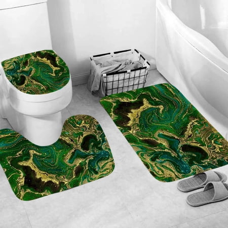 Abstract Marble Stone Green Bathroom Rug Set of 3, 3 Pcs Bath Mats Set for Bathroom, Non-Slip Washable Cover Floor Rug Decorations for Kitchen Bathroom