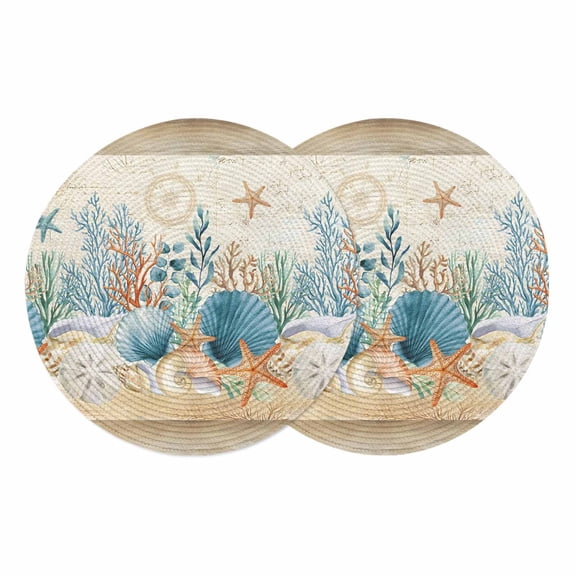 Starfish Coastal Round 13 Inch Placemats Set of 2, Summer Ocean Coral Conch Seagrass Vintage Brown HeatResistant Non Slip Place Mats for Dining Table, Wipeable Kitchen Table Mats for Housewarming