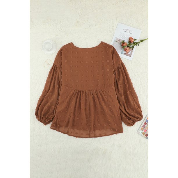 ABPHQTO Blusa de talla grande con lunares suizos y manga farol con cuello en V naranja para mujer