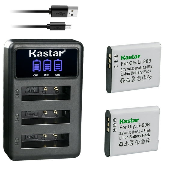 Kastar 2 Pack Battery and LCD Triple USB Charger Compatible with Olympus Tough TG-Tracker, Stylus SH-1, Stylus SH-2, Stylus SH-3, Stylus SH-50, Stylus SH-60, Stylus SP-100, Stylus SP-100 iHS Cameras