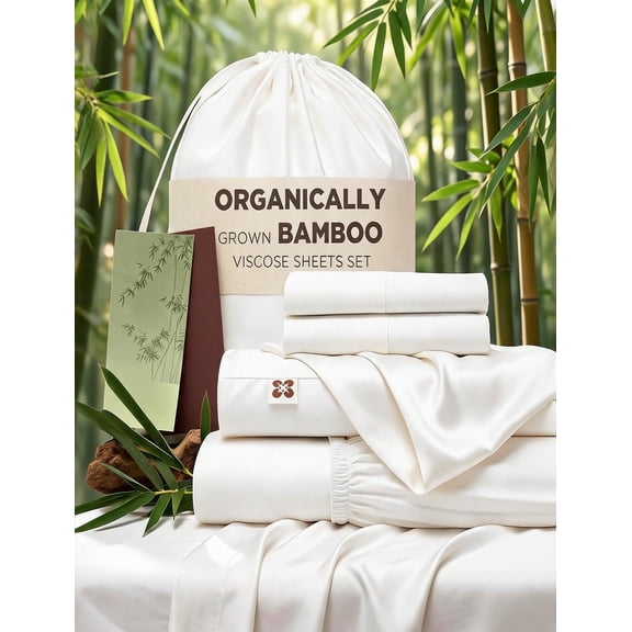 100% Viscose Derived from Bamboo Queen Sheet Set 4PCS Cooling Deep Pocket 18" with Corner Straps Silky Soft White