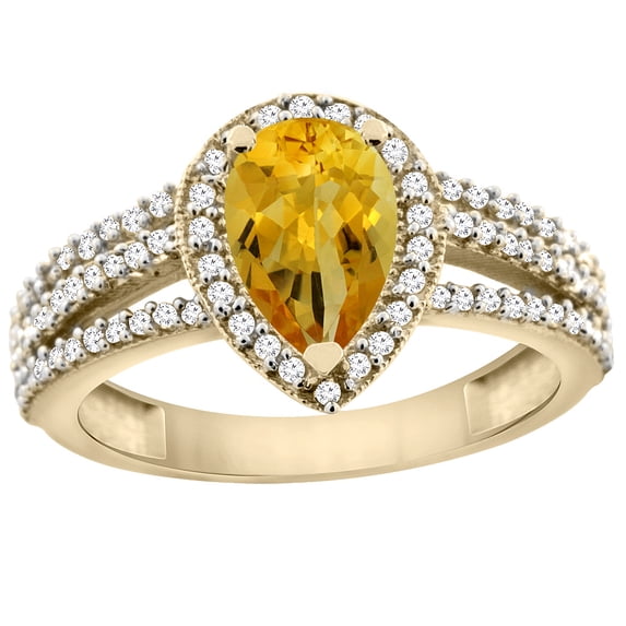 14K Yellow Gold Natural Citrine Ring 9x7 Pear Halo Diamond, size 6