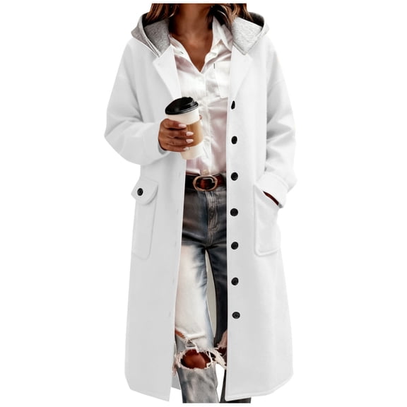 Trench Coat Women with Hood Flannel Jackets Plus Size Casual Long Pea Coat Winter Fall Oversized Hooded Windbreaker