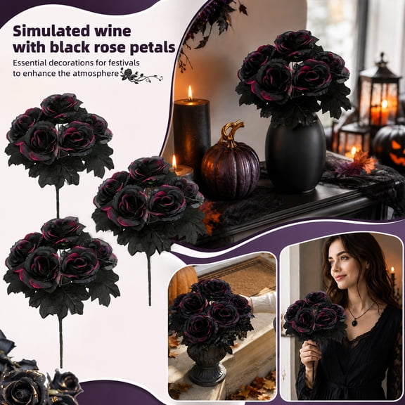 3 Pack, Black Roses Artificial Flowers 14 Inch Gothic Halloween Decor Artificial Roses with Stems for Spooky Home Party Indoor Halloween Decorations, Dark Burgundy Tipped