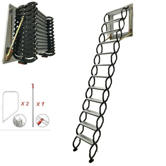 9.8ft Loft Wall-Mounted Ladder Attic Extension Folding Stairs with Armrests Al-Mg Alloy Black