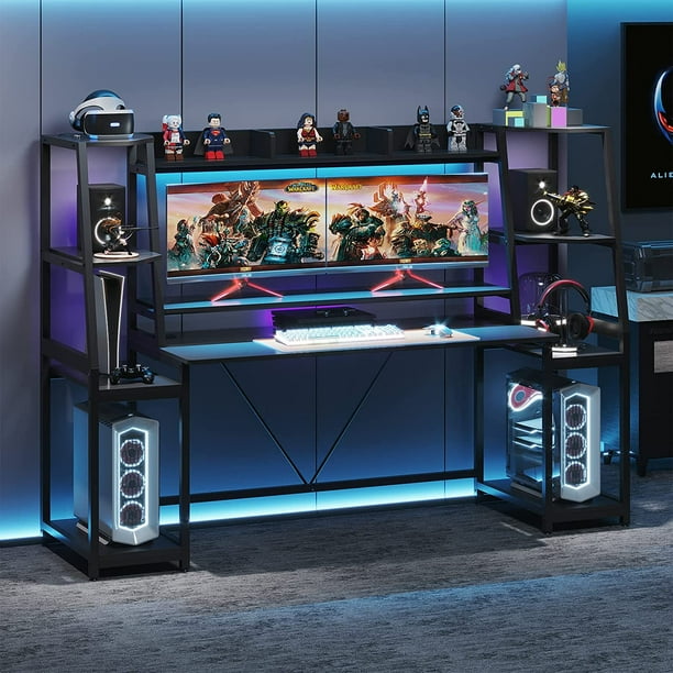 SEDETA 78.8'' Gaming Desk with Hutch and Storage Shelves,LED Lights