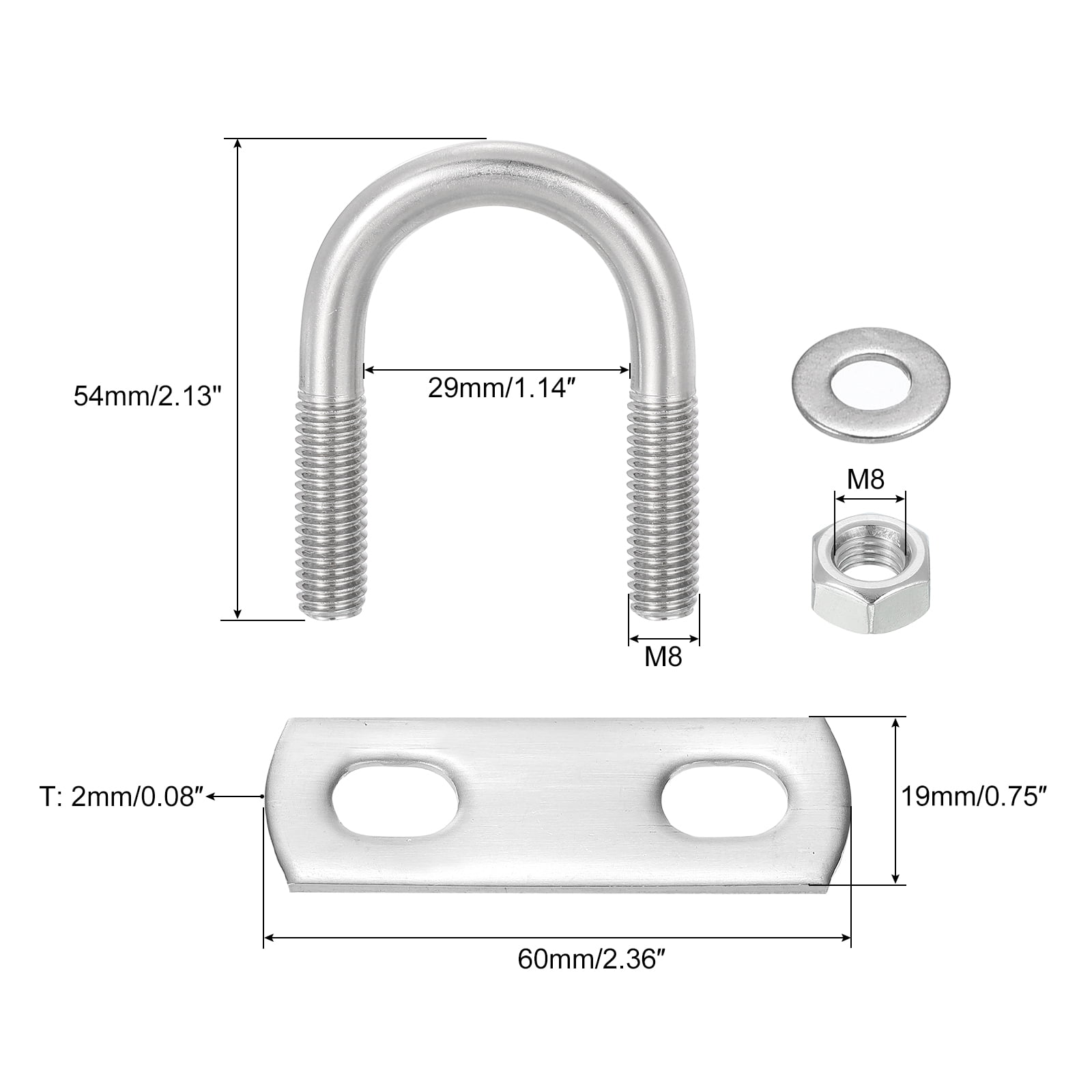 Round U-Bolts, 8 Sets 27mm(1.06") Inner Width 54mm Length M8 304 Stainless Steel U Clamp Bolt with Nuts and Plates
