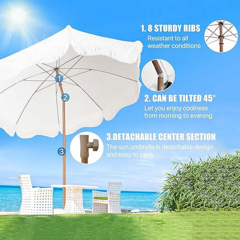 6 ft white patio umbrellas White 6ft Outdoor Patio Umbrella with Fringe, UV Protection UPF50+,  Portable and Tilt Design for Beach and Sun