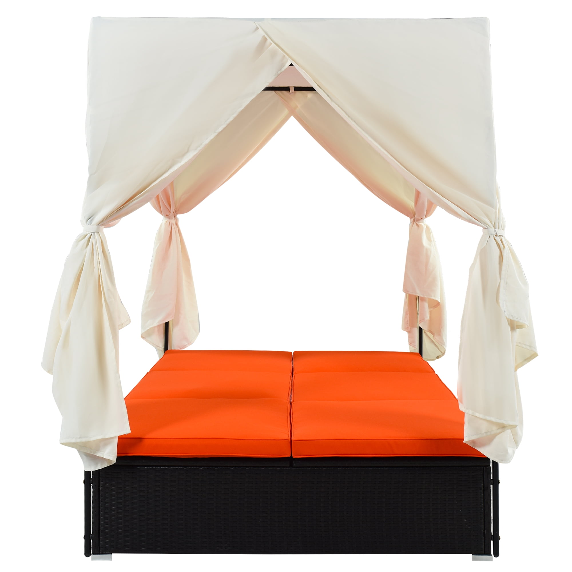 YIORTWO Outdoor Double Chaise Lounge Daybed with Curtains, Adjustable Backrest & Footrest, Steel Frame Loveseat Sofa for Backyard Poolside, Orange