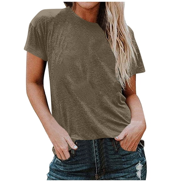 Swstbby Liquidation d'Économies d'Été! Hauts d'Été pour Femmes Grande Taille, T-Shirt Tunique d'Été pour Femme à Col Rond, Manches Courtes, Coupe Ample, Couleur Unie, Chemise Blouse Kaki m