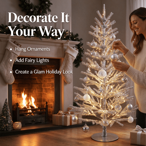 Slim Artificial Pencil Christmas Tree - Metallic Glitter Tinsel Mini Tree with Metal Stand, Compact Xmas Tabletop Decor for Mantel Shelf Window, Modern Winter Holiday Decoration, 35.43" Tall