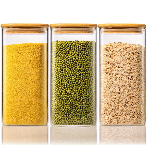 3 Pack 57oz, Square Glass Jars with Bamboo Lids, Glass Pantry Storage Containers with Lids, Glass Canisters with Airtight Lids, Glass Food Storage Containers for Flour Sugar Pasta Cereal
