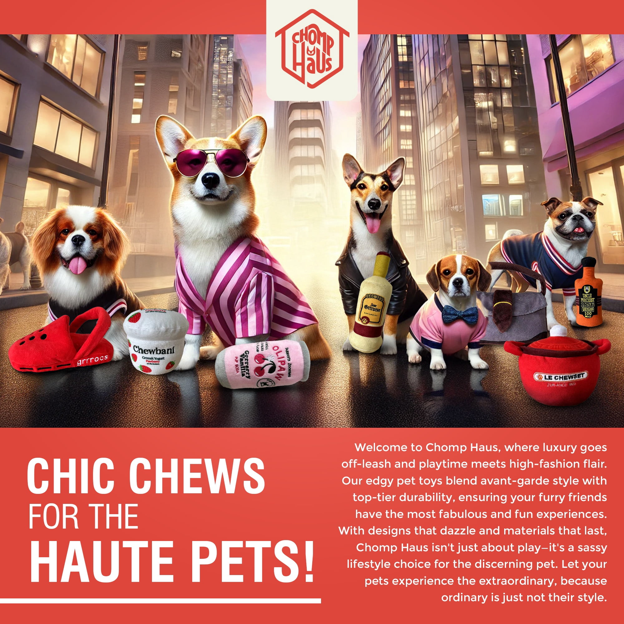 Chomp Haus Barkenstock Grrrzona – Luxurious Plush Dog Toy with Squeaker, Premium Fabric, Embroidered Details, Designer-Inspired Chew Toy, Fun Gift for Small to Medium Dogs & Dog Lovers