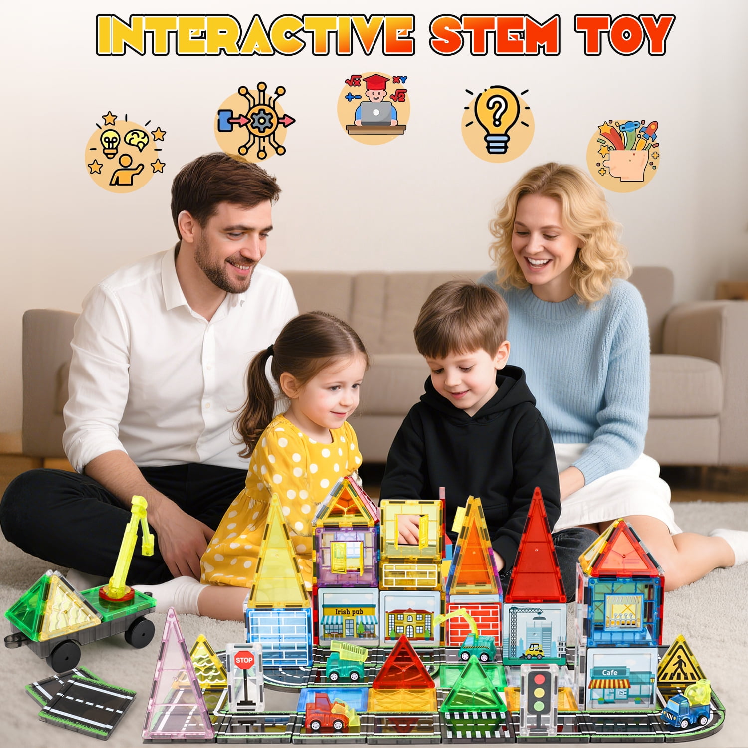 Freecat Magnetic Tiles 94PCS Large Size 75MM, Magnetic Building Blocks with Engineering Truck & Road Blocks, STEM Educational Toys for Kids Ages 3-6, Birthday Gifts for Boys Girls Toddlers.