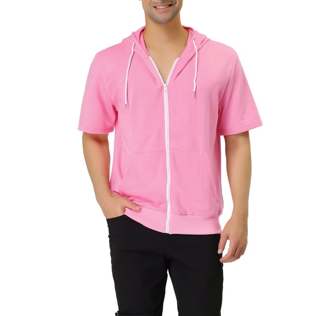 INSPIRE CHIC Men's Short Sleeve Hoodies Solid Color Zip Up Jackets with Hood XL Pink
