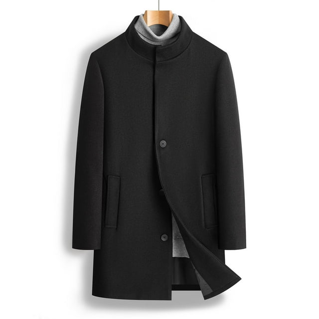 Yusimy Men's Slim Fit Double Breasted Mid-Length Wool Blend Trench Coat Casual Solid Color Classic