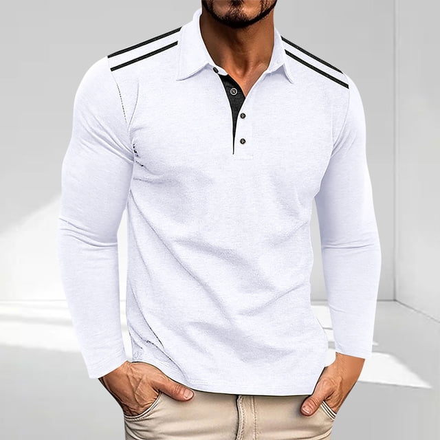 pstuiky camisetas de manga larga para hombre, Camiseta deportiva informal, versátil y de color liso con botones y solapa de manga larga para hombre camisetas de hombre m