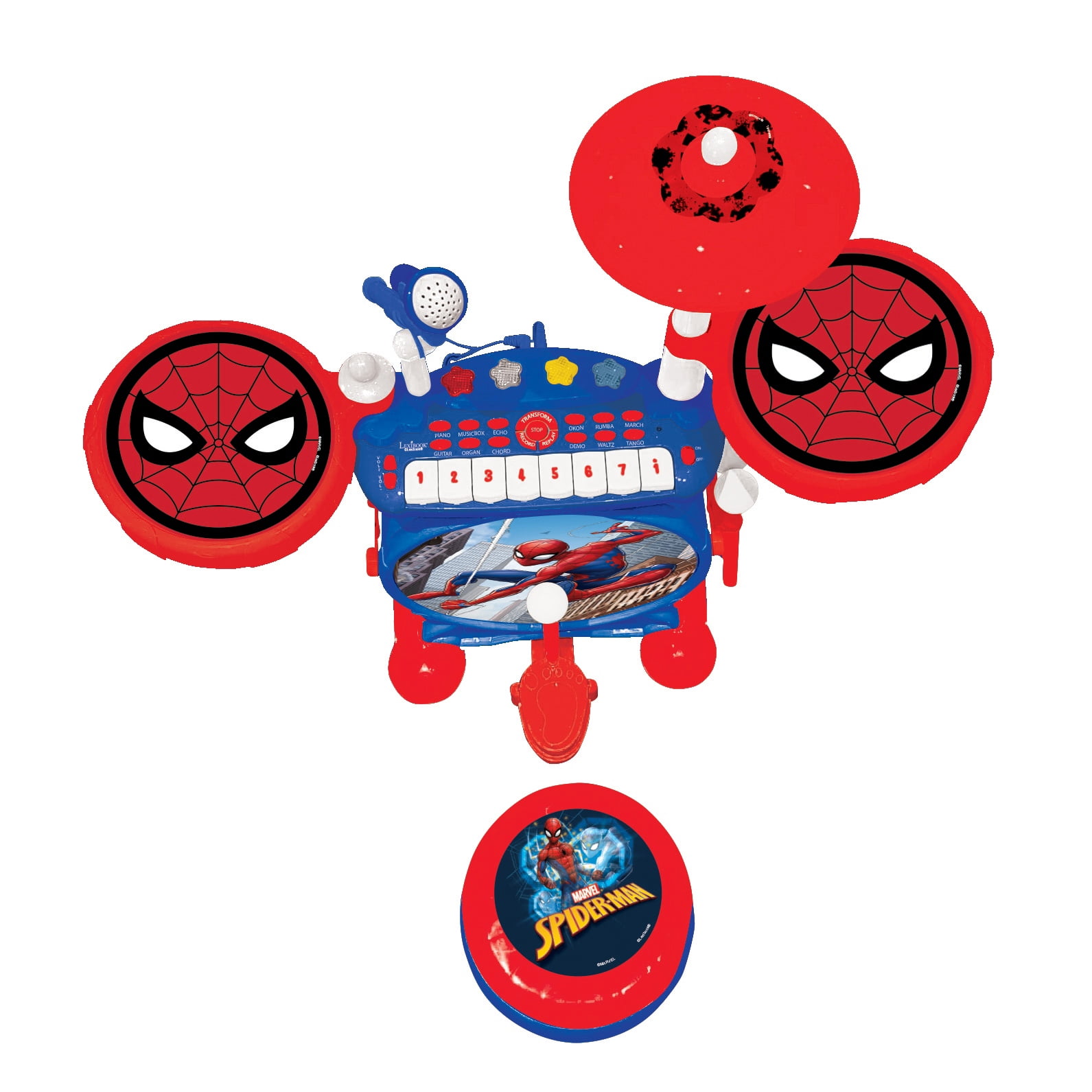 Lexibook Spider-Man Electronic Drum Set, 3-in-1 with 8-Key Keyboard and Mic, Blue/Red