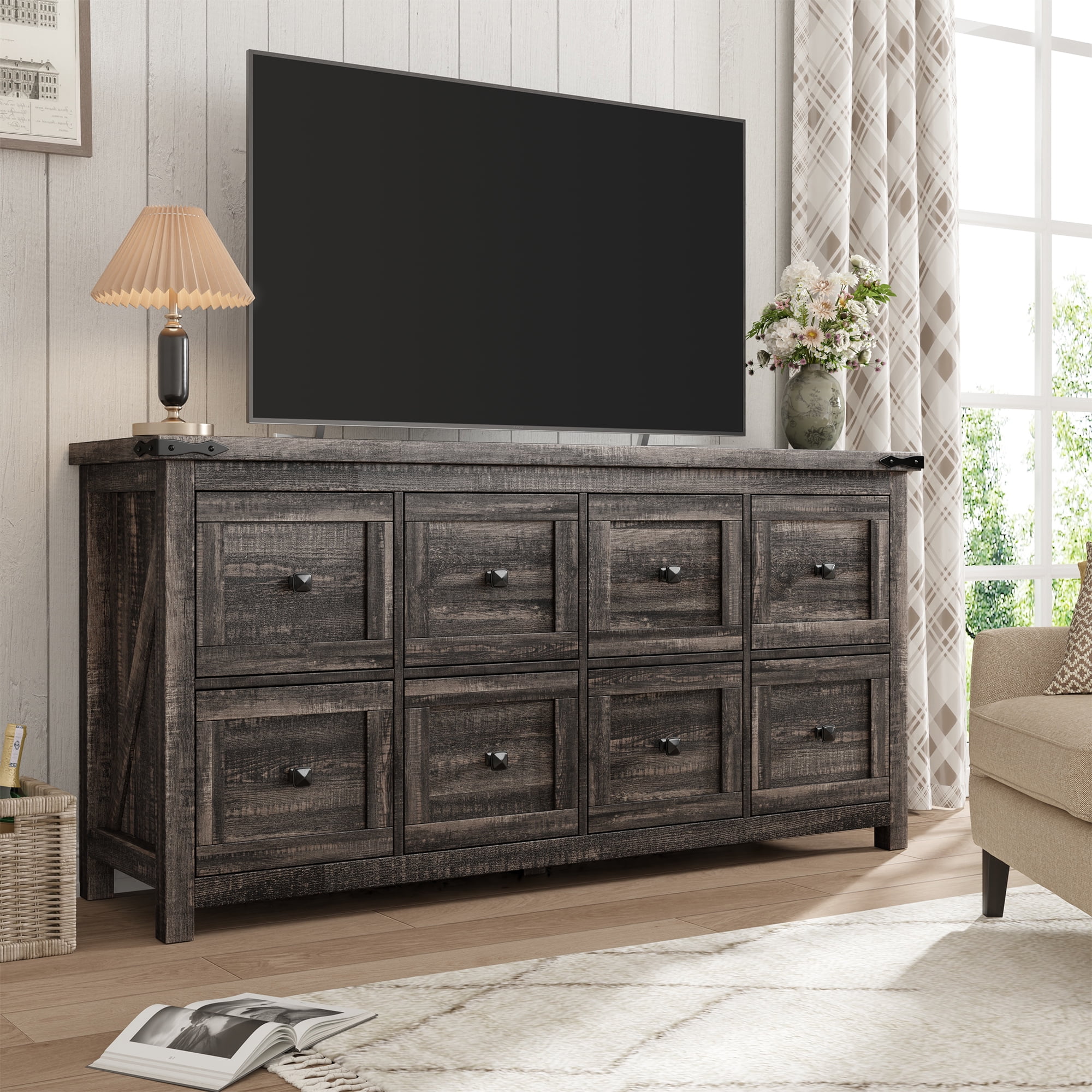 EnHomee Dresser for Bedroom Wooden Dresser TV Stand Farmhouse Dresser with 8 Drawers, Dark Rustic Oak