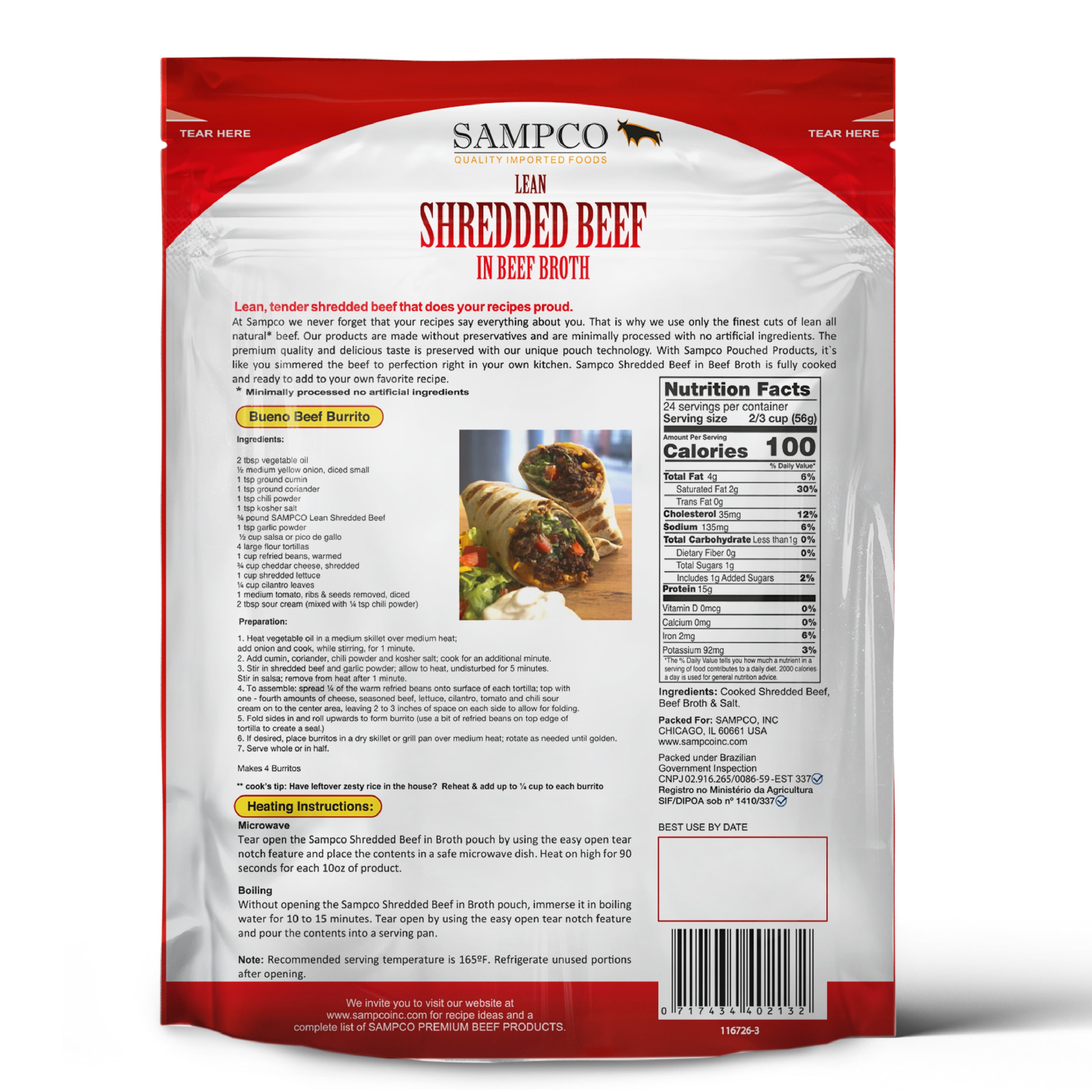 SAMPCO Shredded Beef in Beef Broth, Shelf Stable Pouch, 3Lbs (Case of 8)