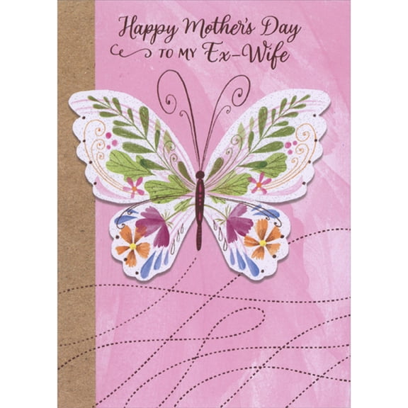 Designer Greetings White Butterfly Decorated with Colorful Flowers, Leaves and Glitter Mother's Day Card for Ex-Wife