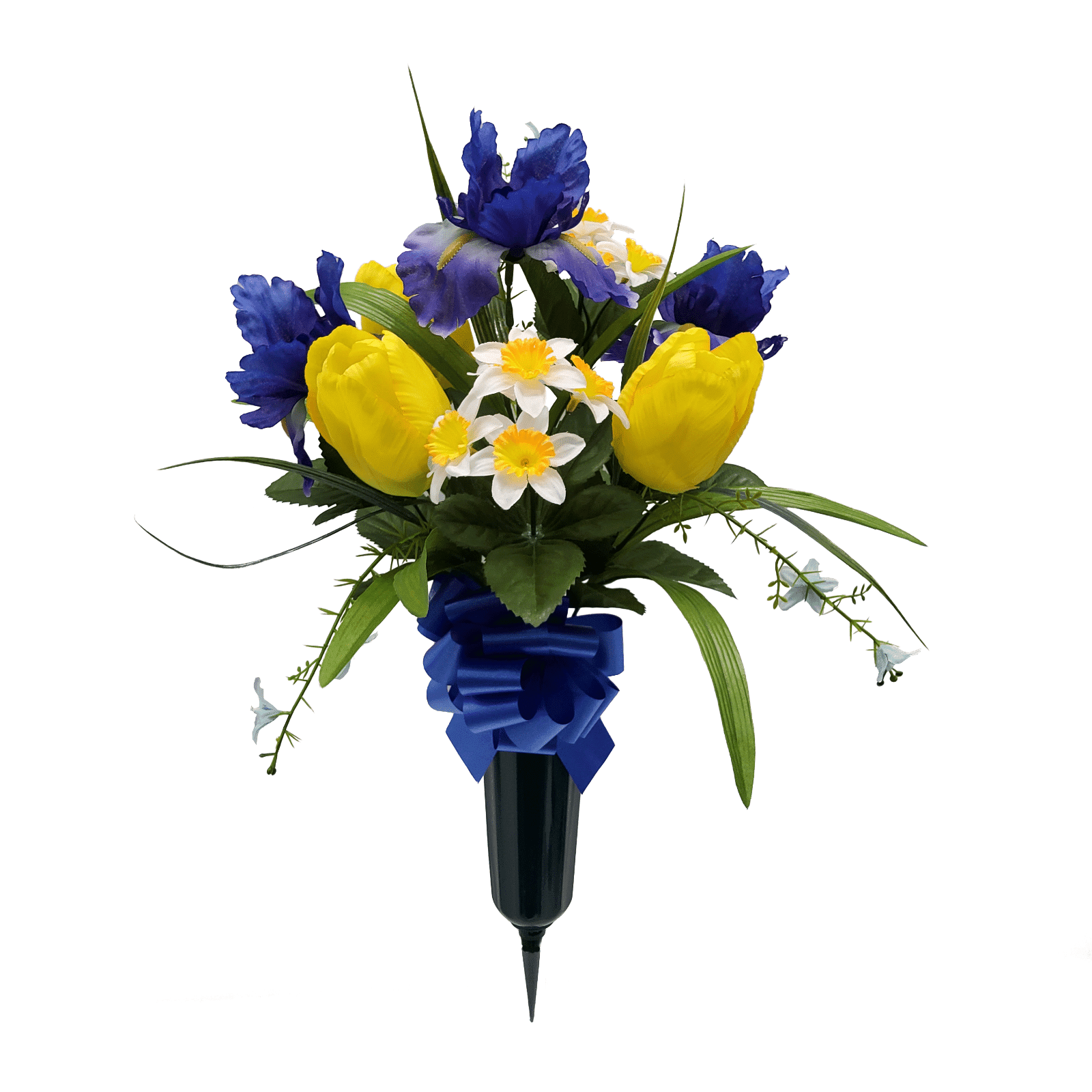 Mainstays 20 Artificial Flower, Tulip and Iris, Cemetery Vase, Yellow and Blue Color.