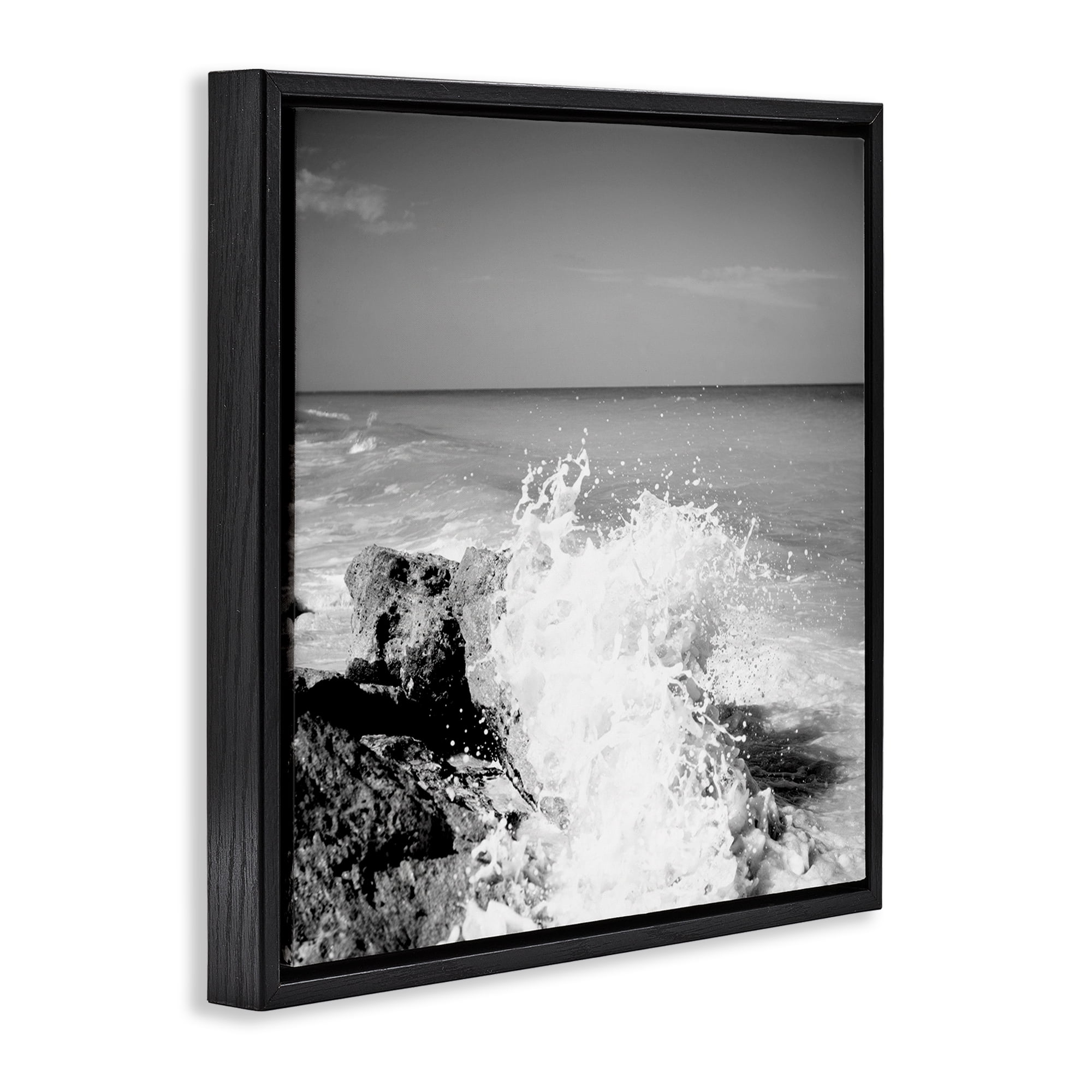 Stupell Industries Splashing Rough Waters Coastal Photography Black Floater Framed Canvas Art Print Wall Art, 25 x 25