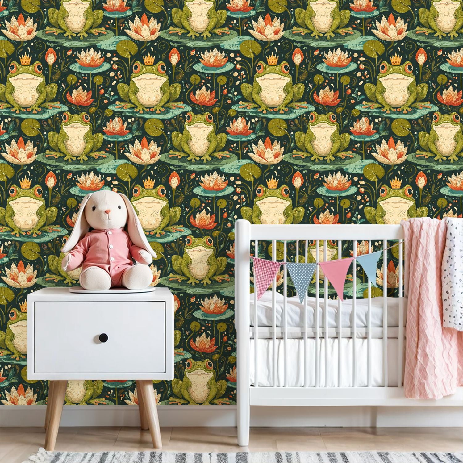 Peel and Stick Wallpaper 23.6in x 9.8ft Whimsical Frogs Water Lilies Crown Botanical Contact Paper Vinyl Self-Adhesive Removable Wall Paper for Bedroom Kitchen Cabinet Décor Renter Friendly