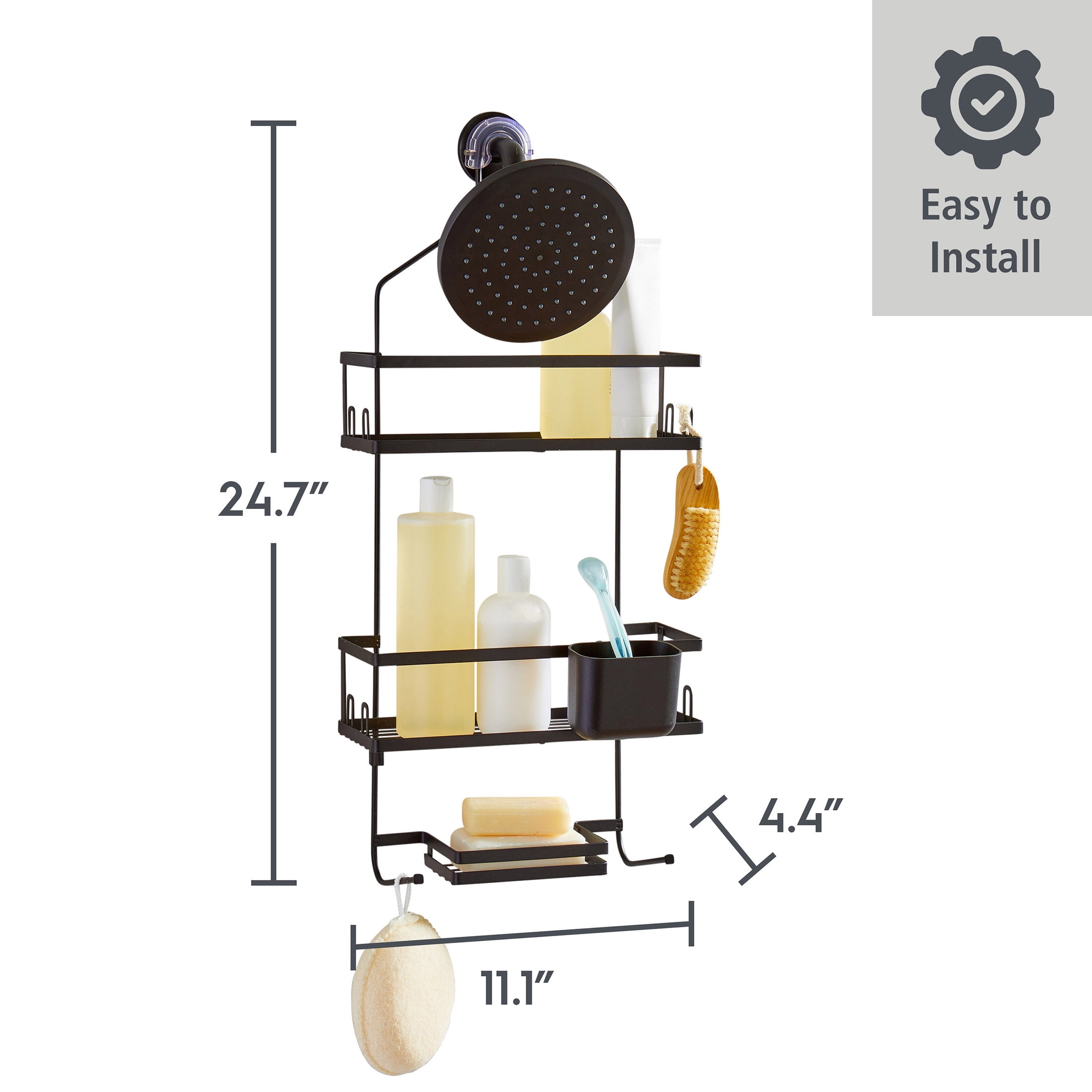 Better Homes & Gardens Matte Black Hanging Shower Caddy with Lock-Top and Soap Tray