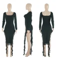 thumbnail image 3 of Vestido largo de fiesta con volantes y abertura alta sexy para mujer, vestido de noche largo elegante con cuello cuadrado y manga larga sin espalda para discoteca, 3 of 5