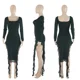 thumbnail image 3 of Vestido largo de fiesta con volantes y abertura alta sexy para mujer, vestido de noche largo elegante con cuello cuadrado y manga larga sin espalda para discoteca, 3 of 5