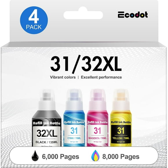 UTAH-Compatible for HP 31 32XL Refill Ink Bottle Set Work for HP Smart Tank 7301 7001 7602 6001 5101 5102 Plus 651 551 455 457 450 All-in-One Ink-Tank Printers (135ML 32XL Black Ink, 70ML 31 Color
