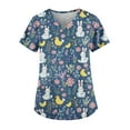 thumbnail image 4 of Scrub Top Stretch，Easter Scrub Tops Women Bunny Egg Hunt Print Short Sleeve V Neck Stretchy Holiday Nurse Working Uniform Scrubs Sets，Navy，M, 4 of 4