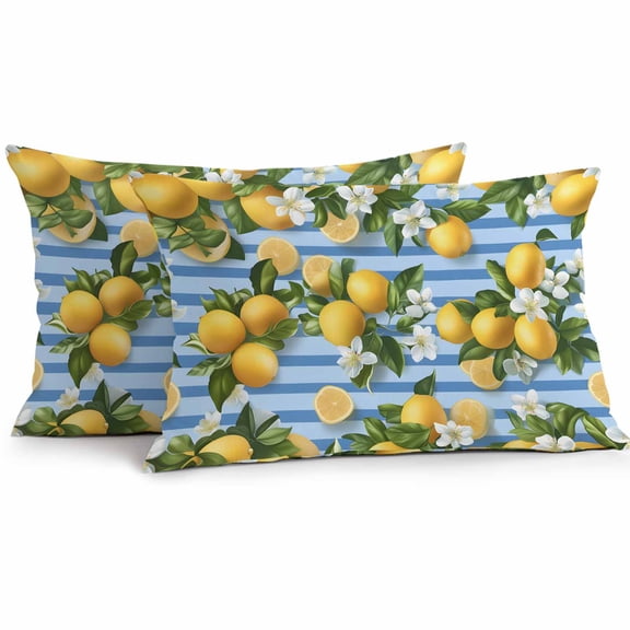 Summer Fruit Outdoor Pillow Covers Set of 2 Lemon White Flowers Blue Stripes Leaf Waterproof Throw Pillow Case Decorative Square Cushion Cover for Patio Couch Garden Balcony, 20"x12"