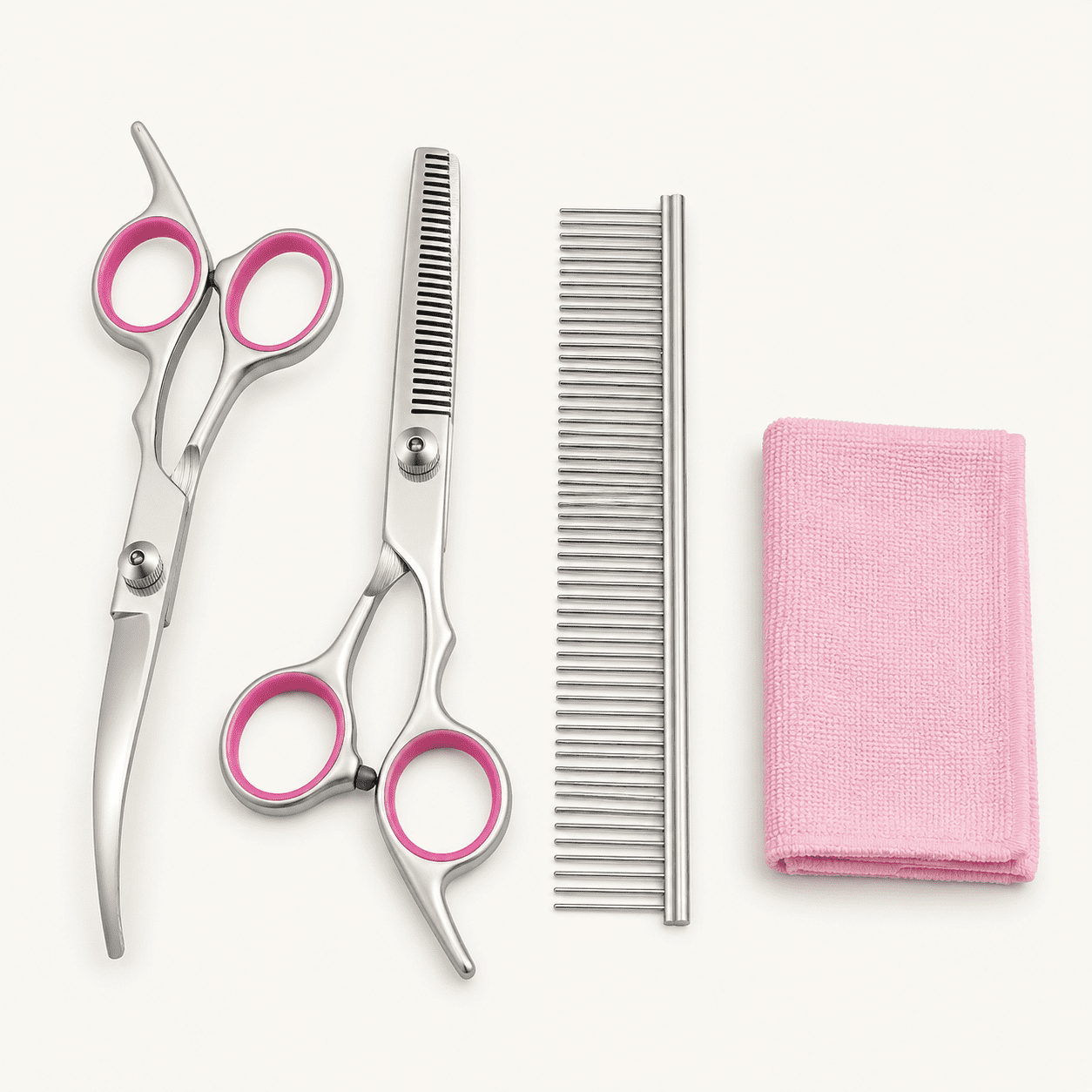 Dog Grooming Scissors with Safety Round Tips Stainless Steel Professional Dog Grooming Kit - Thinning Curved Scissors and Comb for Cat Pet (Pink 4 in 1)