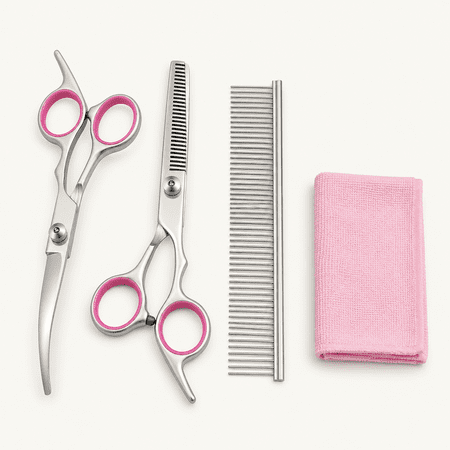 Dog Grooming Scissors with Safety Round Tips Stainless Steel Professional Dog Grooming Kit - Thinning Curved Scissors and Comb for Cat Pet (Pink 4 in 1)