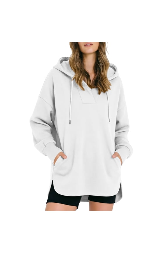 Womens Oversized Hoodies V Neck Long Sleeve Pullover Sweatshirts Fall Winter Fashion Hooded Clothes with Pocket