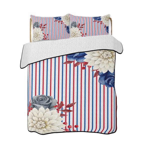 Twin XL Quilt Bedding Set, Independence Day Reversible Summer Quilt 3 Pieces, White Blue Flowers Farm Stripes Retro Rustic Lightweight Bedspreads Coverlets with 2 Pillow Shams for All Seasons