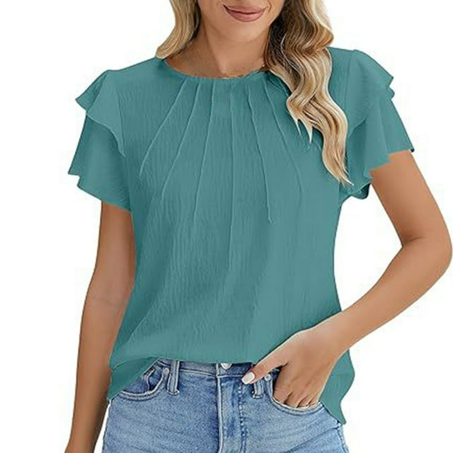 Plebaso Hauts d'Été pour Femmes à Volants Manches Courtes Blouses Décontractées Col Rond Couleur Unie Chemises Amples pour Femmes