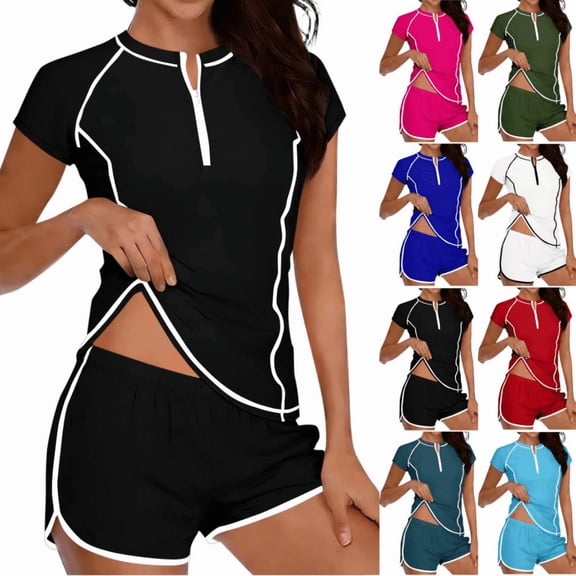 SuDongPo Womens 2 Piece Rash Guard Short Sleeve Swimsuit Half Zip Swim Shirts Built in Bra with Boyshorts Bottom Surfing Bathing Suits