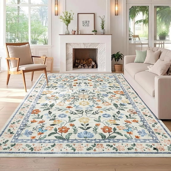 Washable Living Room Rug 8x10 Farmhouse Floral Accent Rug with Non-Slip Backing, Stain-Resistant Soft ,for Dining Room, Bedroom, Kids Room, Green