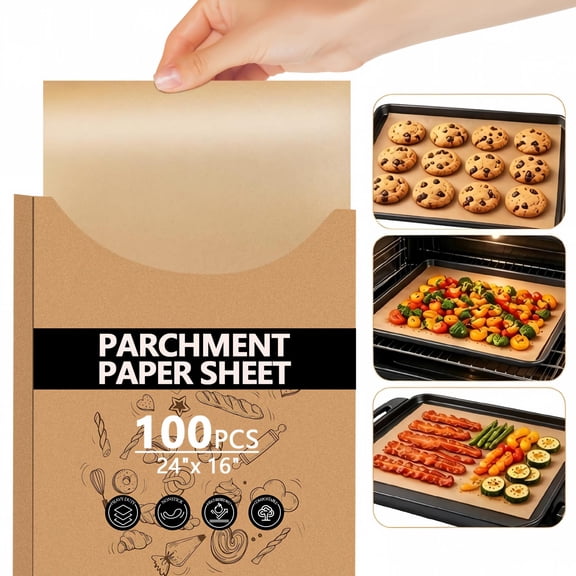 Pinbebor Non-Stick Baking Parchment Paper Sheets, 24" x 16", 100 Count,Brown